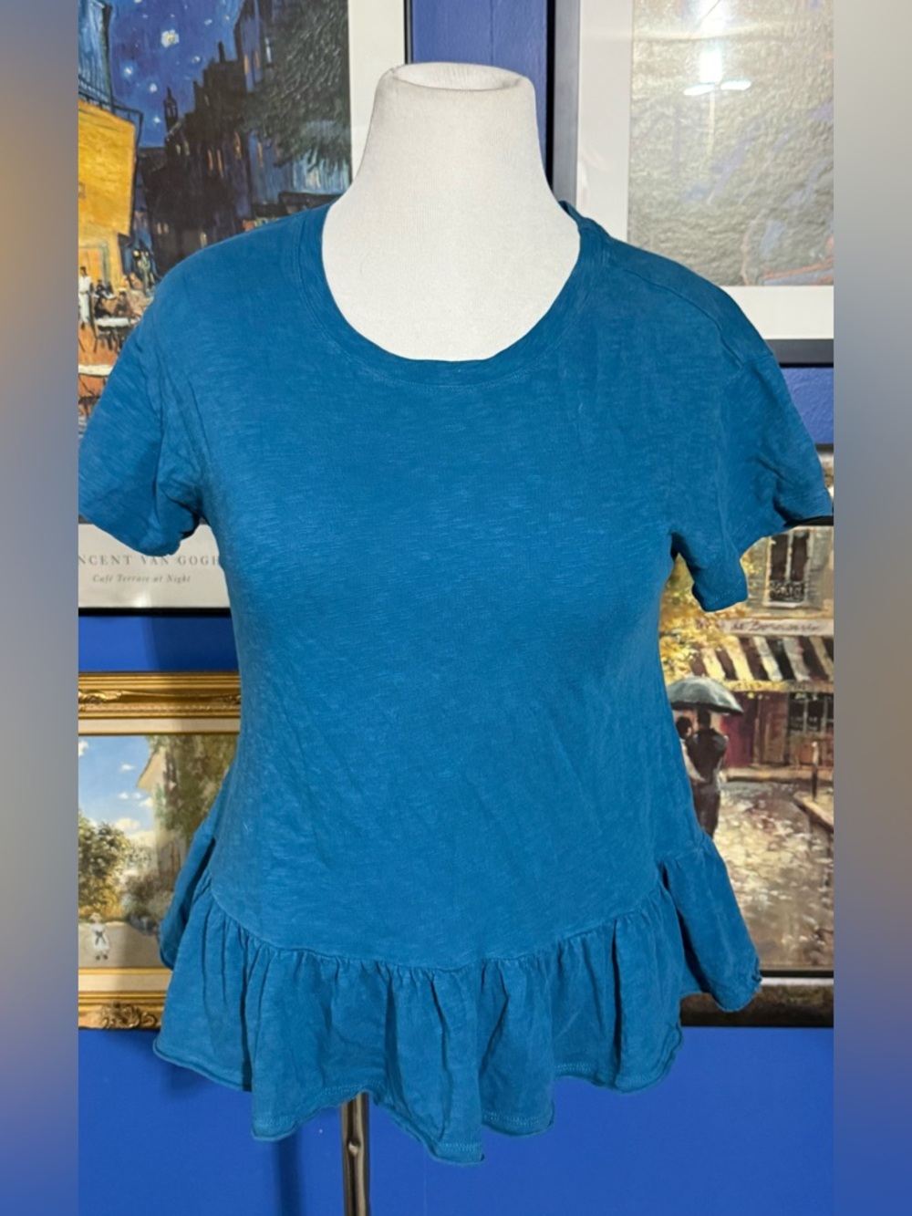 Time and Tru Teal Ruffle-Hem Short Sleeve Tee